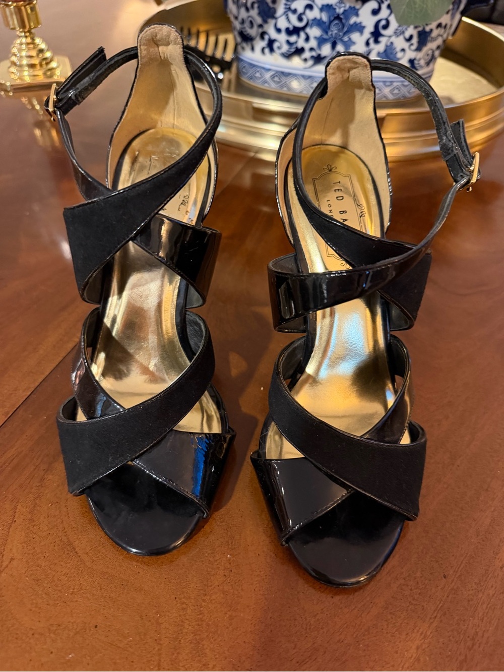 Ted Baker Black Patent & Suede Crisscross Ankle Strap Heels Slim Stiletto 38.5